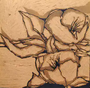 Fon Klement - 3 hardboard drukplaten van een niet gedrukte boardsnede (‘Bloemen’) – ca. 1990 verkocht voor € 100!