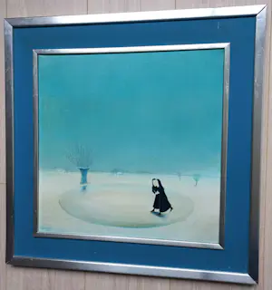 Meike Sund - Schaatsende nonnen, olieverf op doek (netjes ingelijst) kopen? Bied vanaf 225!