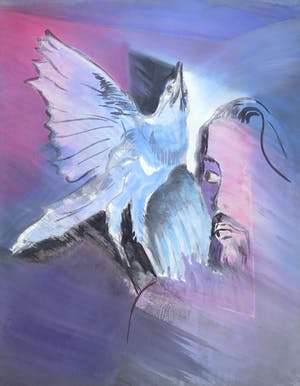 Joe Wols - Gemengde techniek op papier, Vogel en man kopen? Bied vanaf 1!