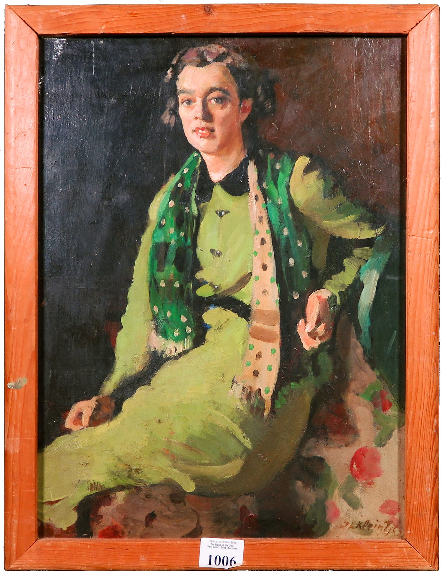 Buy Jan Kleintjes - Olieverf op paneel, Portret van een dame in groen (...) - Ingelijst? Bid from 250!