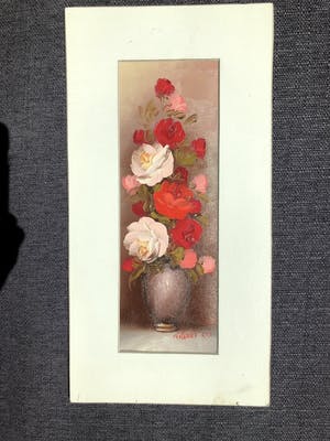 Buy Robert Cox - Rode bloemen in vaas - Olieverf op doek? Bid from 80!