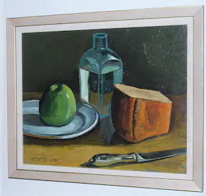 Vladimir Titov - Stilleven met appel en brood - olieverfschilderij uit 2001 kopen? Bied vanaf 175!