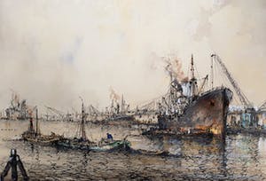 Willem Bos - Overslag in de haven, gemengde techniek (mooi ingelijst, groot) kopen? Bied vanaf 250!