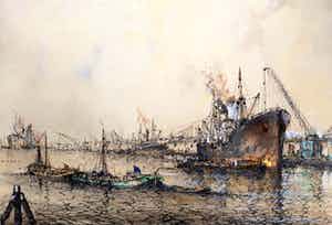 Willem Bos - Overslag in de haven, gemengde techniek (mooi ingelijst, groot) verkocht voor € 250!
