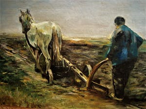 Herman Sanders - Sfeervol impressionistisch olieverf "Boer ploegt het land" gesigneerd kopen? Bied vanaf 20!