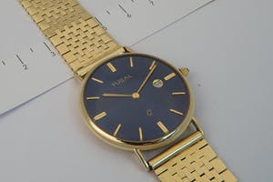 2576- 14 karaats Vintage geel-gouden Quartz horloge TUSAL - Blauwe wijzerplaat! kopen? Bied vanaf 930!