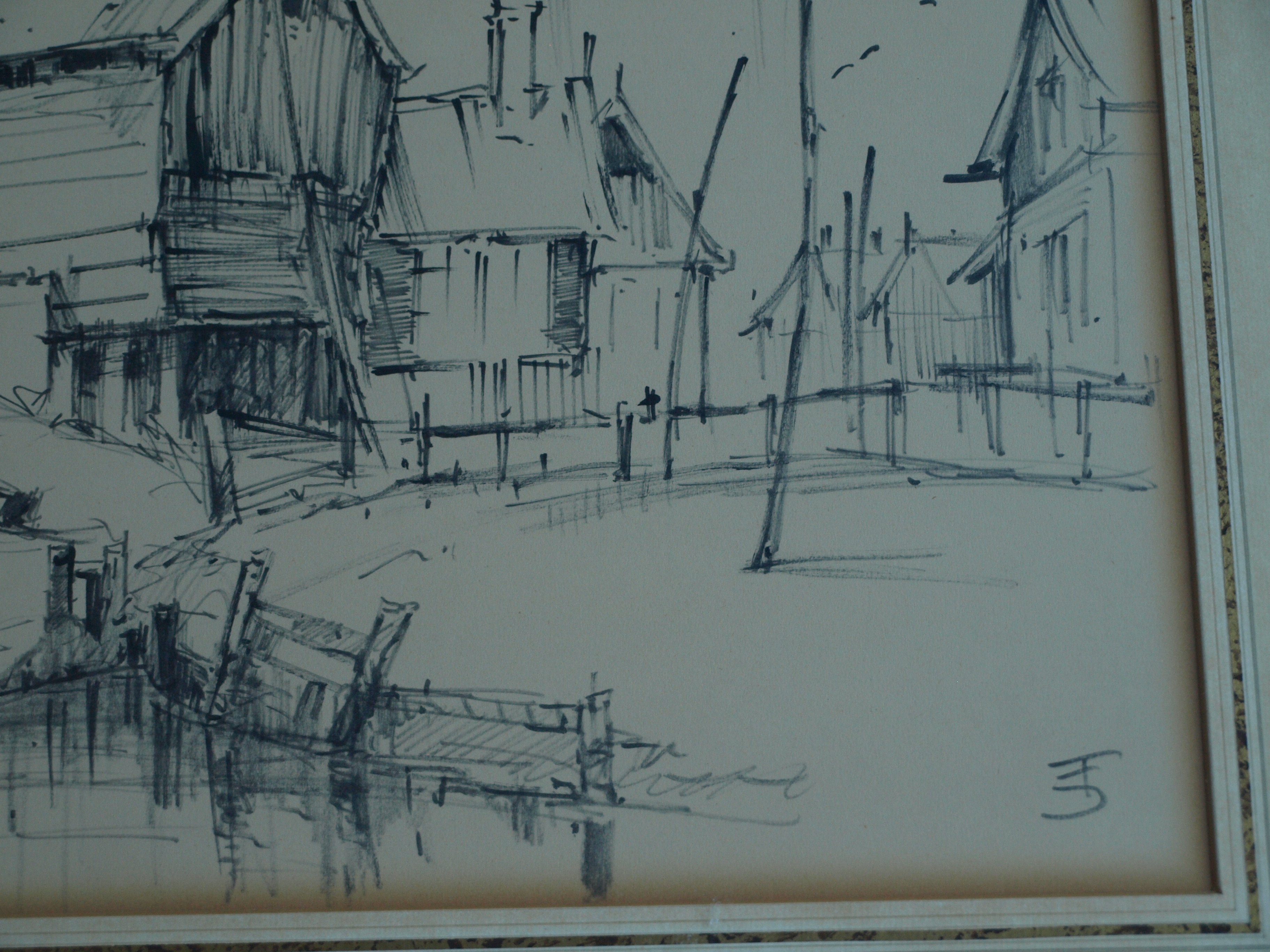 Niet of onleesbaar gesigneerd - Tekening , Dorpje – gesigneerd & ingelijst – ca 1964  kopen? Bied vanaf 1!