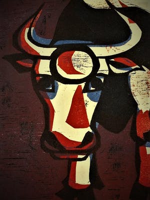 Niet of onleesbaar gesigneerd - Krachtige - omstreeks 1950 - Linosnede "de Stier" - gesigneerd kopen? Bied vanaf 10!