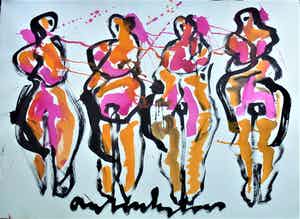 Anton Heyboer - 4 vrouwen .Krachtige sierlijke kleurige schildering . verkocht voor € 550!