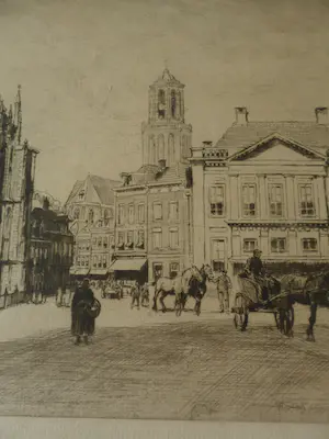 Waalko Jans Dingemans (sr.) - Ets. Een stadsplein in Zwolle met boerensjees . kopen? Bied vanaf 30!