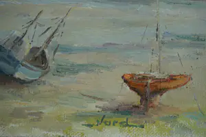 Niet of onleesbaar gesigneerd - Drooggevallen scheepjes aan Frans strand kopen? Bied vanaf 10!