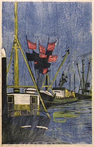 Piet Lont - Hout- en linosnede, (...) vissers schepen kopen? Bied vanaf 35!