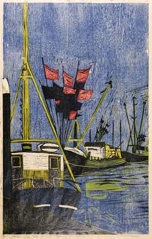 Piet Lont - Hout- en linosnede, (...) vissers schepen verkocht voor € 35!