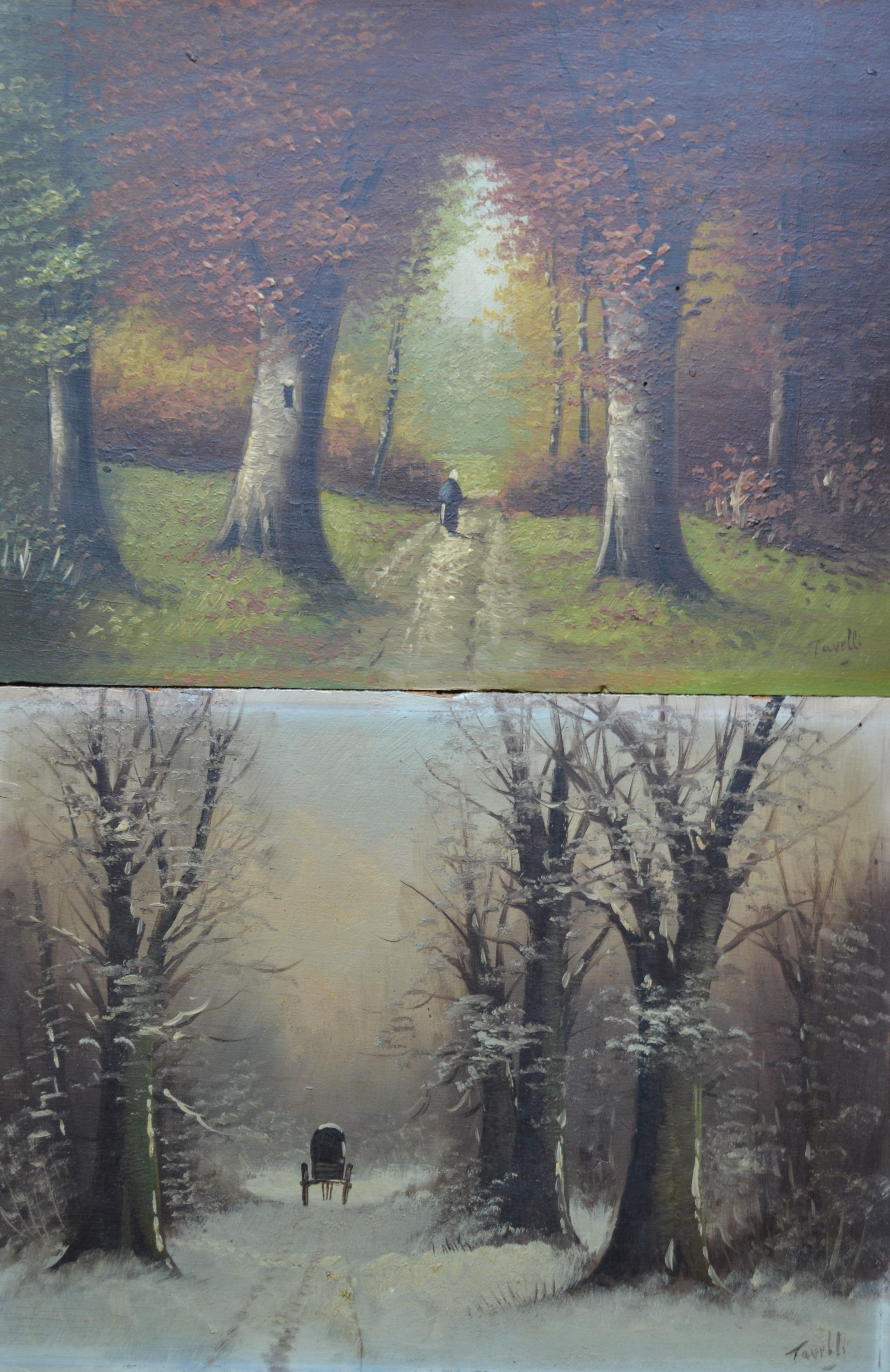 Niet of onleesbaar gesigneerd - 2x olieverf op paneel - bosgezichten - gesigneerd verkocht voor € 1!