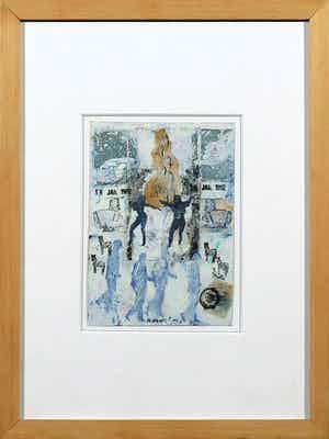 Ad Snijders - Gouache en collage, This way ... - Ingelijst verkocht voor € 50!