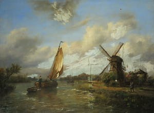 Niet of onleesbaar gesigneerd - Olieverf op marouflé, Rivierlandschap - Ingelijst kopen? Bied vanaf 10!