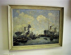 Jan Sirks - GROOT circa 1930 OLIEVERF schilderij "bedrijvigheid in Rotterdam Maashaven" kopen? Bied vanaf 180!