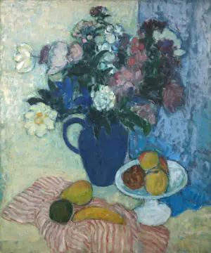 Pieter Fraterman - Olieverf op doek, Stilleven met bloemenvaas en vruchten - Ingelijst kopen? Bied vanaf 100!