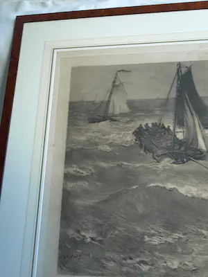 Hendrik Willem Mesdag - & C.L. Dake : Grote ingelijste ets , Vissersboten bij Scheveningen – 1879 kopen? Bied vanaf 1!