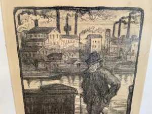 Niet of onleesbaar gesigneerd - Eind 19e eeuws- begin 20e eeuws Houtskool tekening van industrieel landschap kopen? Bied vanaf 10!