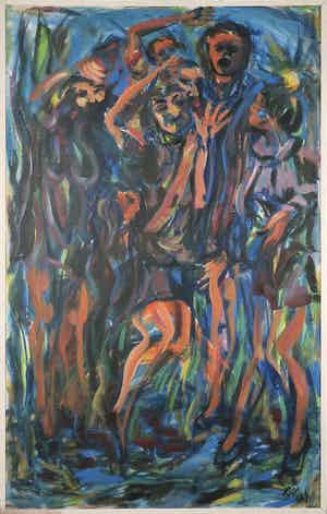 Piet van Mook - Olieverf op doek, Expressieve voorstelling met figuren - Ingelijst (Zeer groot) verkocht voor € 1!