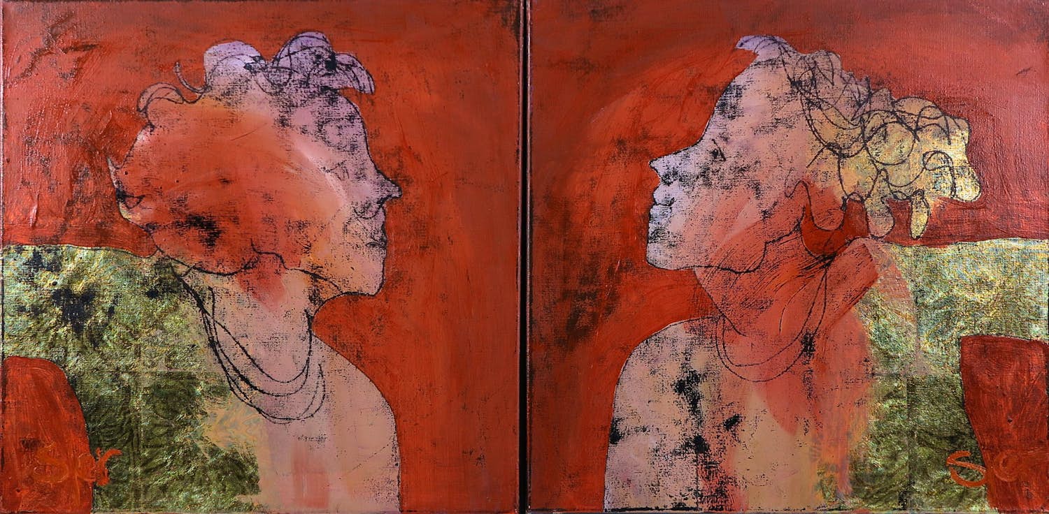 Sjer Jacobs - Tweeluik, Olieverf op doek, Man en vrouw kopen? Bied vanaf 200!