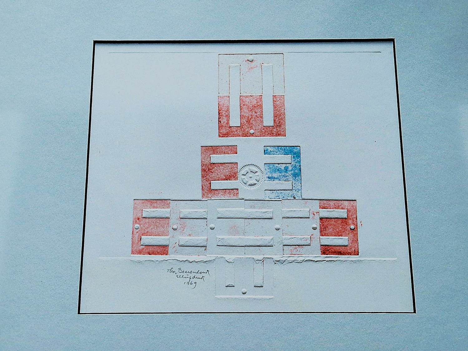 Theo Beerendonk - unieke jaren 60 reliëfdruk - abstract-geometrische compositie - gesigneerd kopen? Bied vanaf 68!