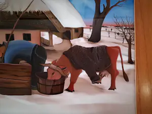Martin Mehkek - Zima (winter) Boerderij met boer en koe in winterlandschap; naïeve kunst kopen? Bied vanaf 195!