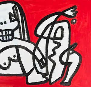 Gundi Falk - Kubistische Umarmung auf rotem Hintergrund kopen? Bied vanaf 280!