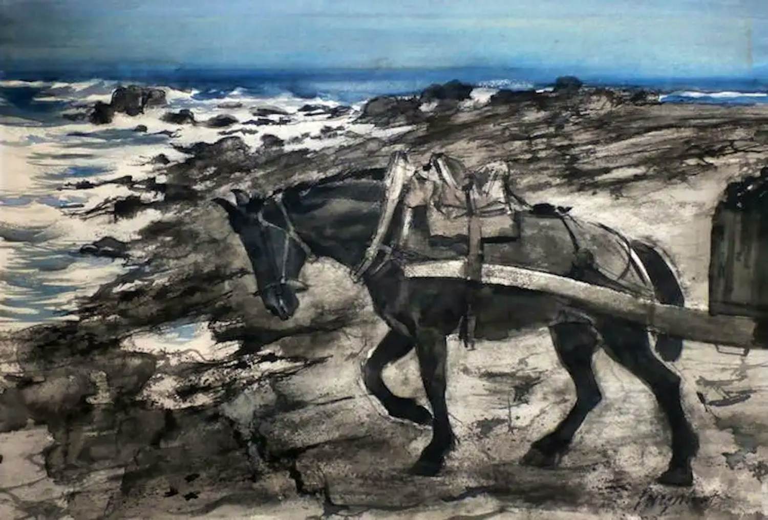 Jan Burgerhout - Aquarel: Paard met schelpenkar op het strand kopen? Bied vanaf 125!
