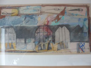 Susan Schildkamp - Gemengde techniek en collage op papier, Titel, "Het koekhuis lll kopen? Bied vanaf 50!