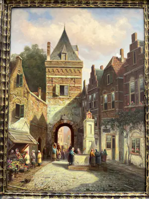 Leo Vrolijk - Oude stad met bloemenkraam en vrouwen bij de fontein. kopen? Bied vanaf 400!