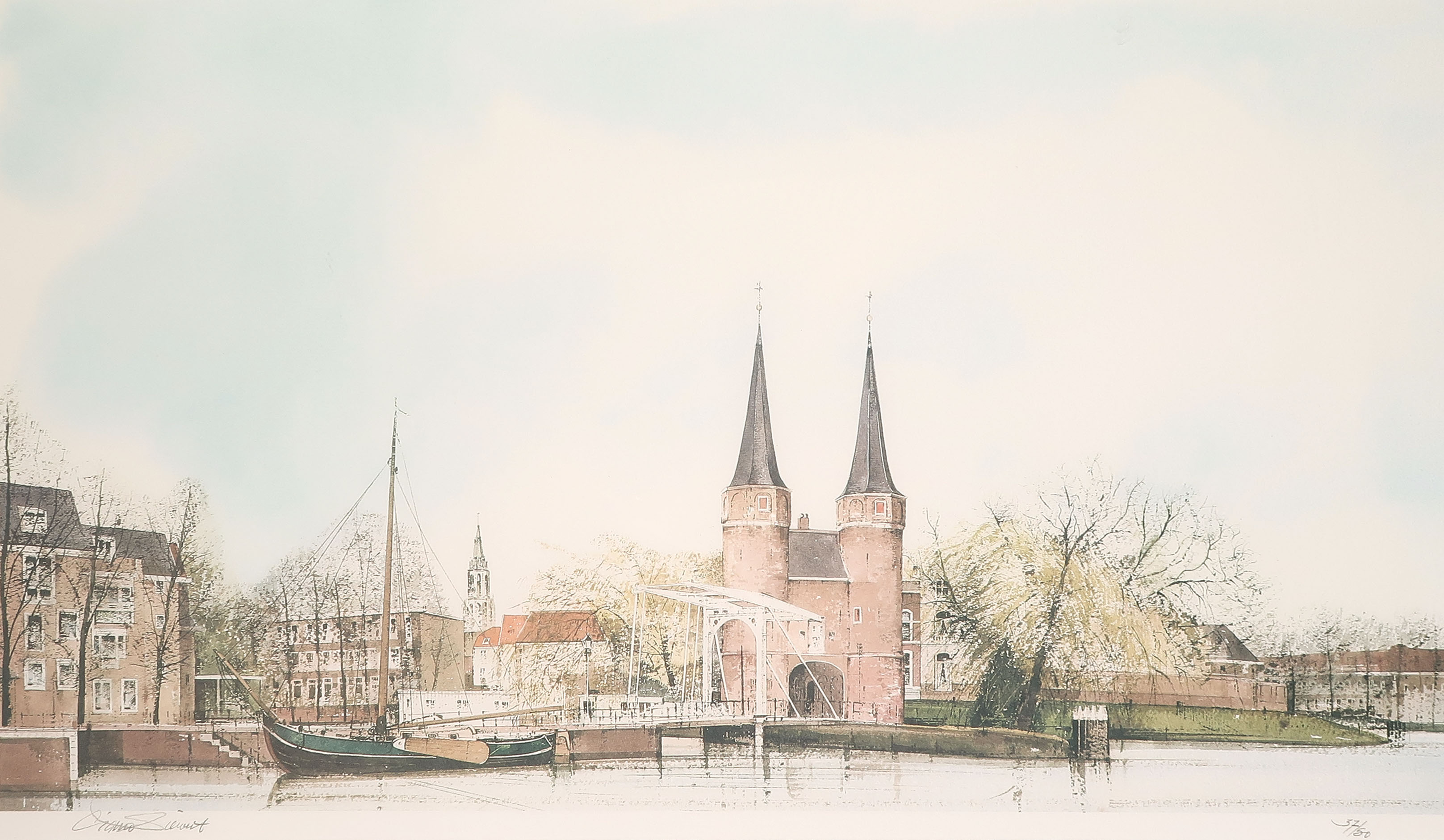 Ciano Siewert - Litho, De Oostpoort te Delft - Ingelijst kopen? Bied vanaf 60!
