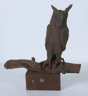 Paul Beckers - Drie sculpturen van ijzer en terracotta, Vogels (Ibis, Oehoe en uiltjes) + boek! kopen? Bied vanaf 250!