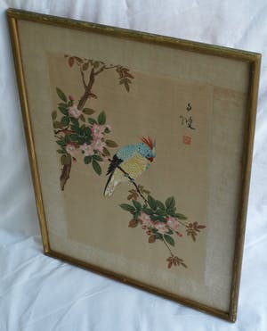 Niet of onleesbaar gesigneerd - Ingelijste aquarel op zijde, Japan? China? , Papagaai kopen? Bied vanaf 1!
