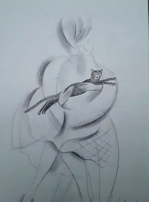 Veronika Issaeva-Agenos - Vrouw met een kat. Tekening op papier. kaufen? Bieten Sie von 180!