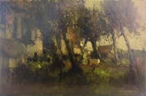 Henri van Daalhoff - Olieverf op paneel, Landschap met bomen en huisjes verkocht voor € 100!