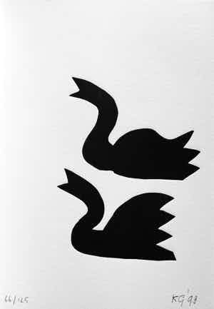 Klaas Gubbels - linosnede ‘Zwarte zwanen’ uit 1998 - oplage 125. verkocht voor € 195!