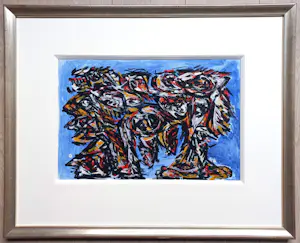 Theo Wolvecamp - Compositie met figuren, gemengde techniek (zeer mooi ingelijst, unica!) kopen? Bied vanaf 2495!