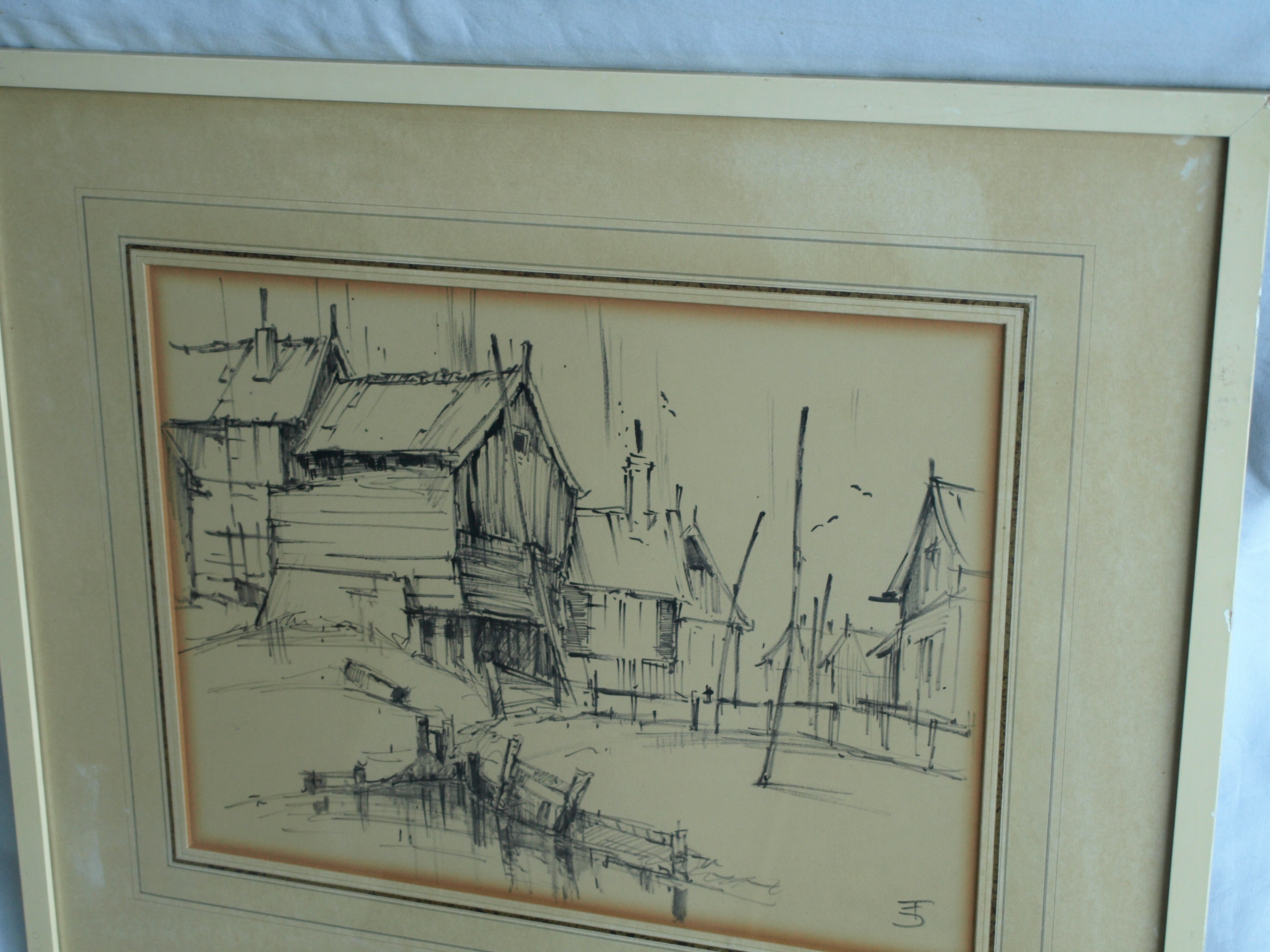 Niet of onleesbaar gesigneerd - Tekening , Dorpje – gesigneerd & ingelijst – ca 1964  kopen? Bied vanaf 1!