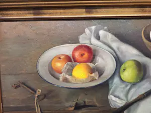 Jan Schouten - Stilleven met een Sleutel en een schaal met eieren en een schaal met Appels kopen? Bied vanaf 150!