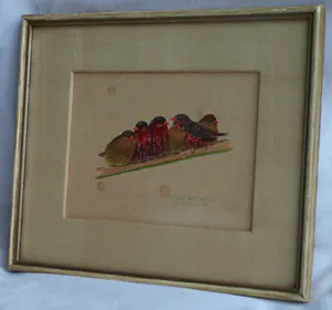 Niet of onleesbaar gesigneerd - Ingelijst, Gouache , 6 Vogeltjes op een tak - Oud kopen? Bied vanaf 1!