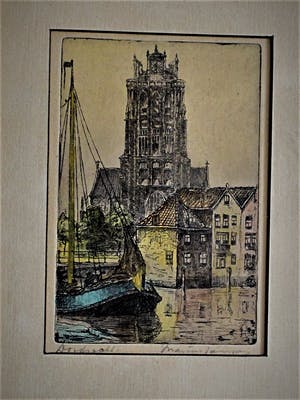 Marius Johannes Janssen - Handgekleurde Ets "Oude haven van Dordrecht" gesigneerd kopen? Bied vanaf 10!