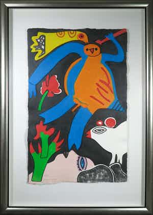 Corneille - Aquagravure op handgeschept papier, Oiseau jaune - Ingelijst (Zeer groot) verkocht voor € 700!