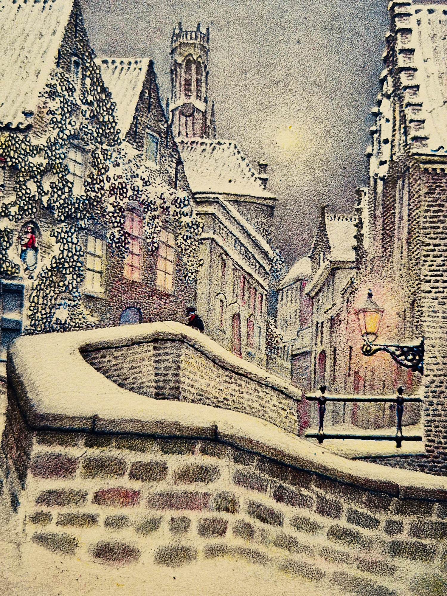 Jan Strube - leuke kleuren lithografie "winter te Brugge" - potloodgesigneerd kopen? Bied vanaf 38!