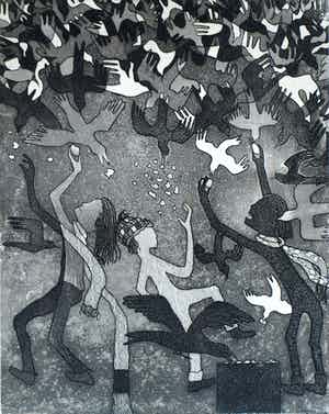 Harry van Kruiningen - Ingelijste ets & aquatint , Kinderen voeren vogels – winter 1979 verkocht voor € 1!