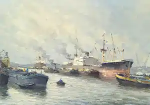 Marius de Jongere - olie op doek - Rotterdamse havenzicht, gesigneerd verkauft für € 515!