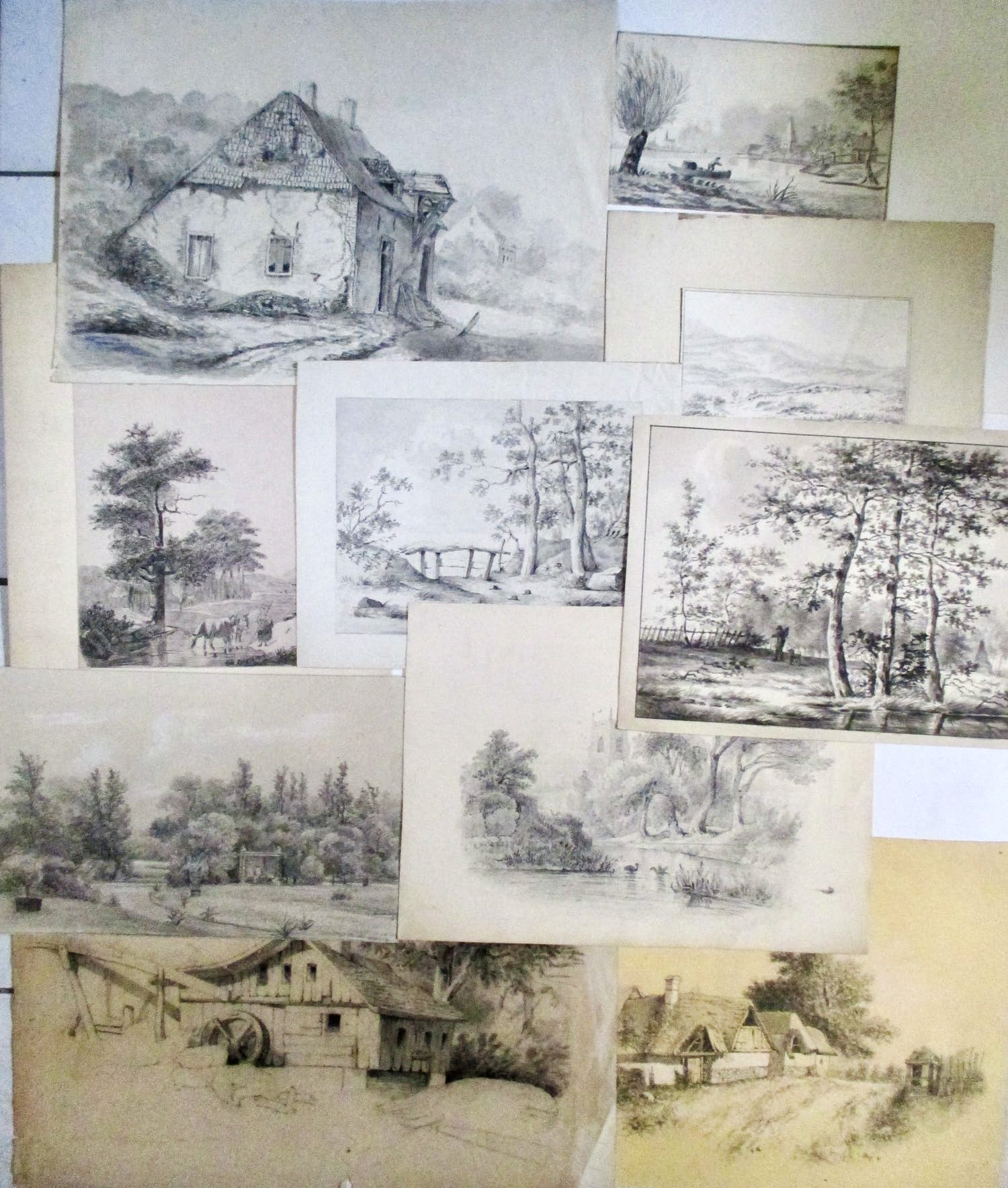 Niet of onleesbaar gesigneerd - 10 Tekeningen Landschap diverse kunstenaars kopen? Bied vanaf 1!