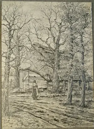 Henri von Rupprecht - Potloodtekening boerderij in bos kopen? Bied vanaf 30!
