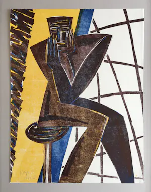 Yvan Theys - ‘Zittende figuur’ - houtsnede - 1986 kopen? Bied vanaf 75!